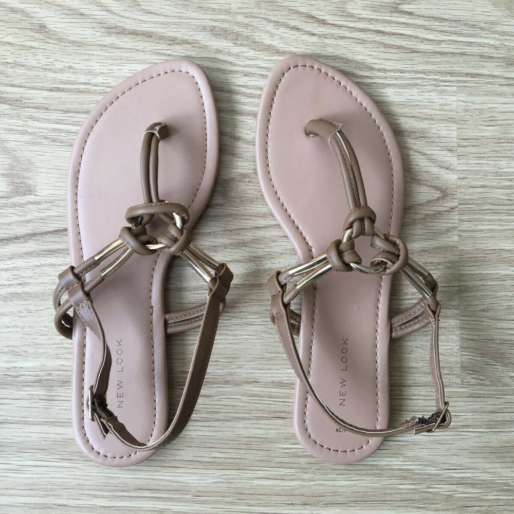 Leather shoes SANDALS size 6 summer knot brown sandels new look open foot gold